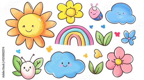 Cute drawings of sun, flowers, rainbow, clouds, bugs and leaves for kids or graphic art