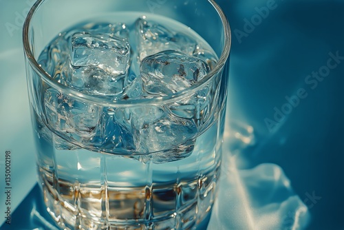 Refreshing Glass of Water With Ice Cubes on a Cool Background in Soft Lighting
