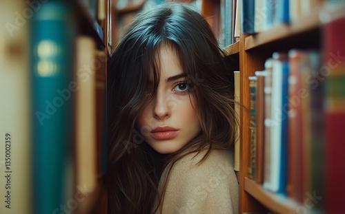 Library Visitor Browsing Shelves of Books on a Quiet Afternoon in a Cozy Read...