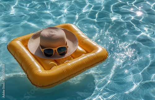 Floating Hat and Sunglasses on an Orange Pool Float in Clear Blue Water on a ...