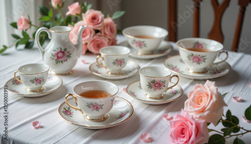 Wallpaper Mural Elegant tea set with roses on a white table   Torontodigital.ca