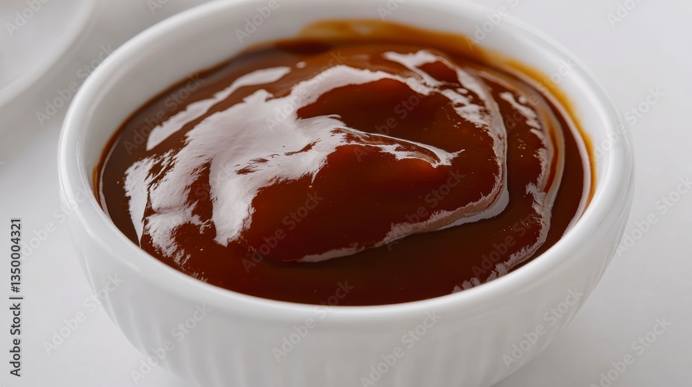 Close-up of a small white bowl filled with dark brown, glossy barbecue sauce. Close-up of a small white bowl filled with dark brown, glossy barbecue sauce.