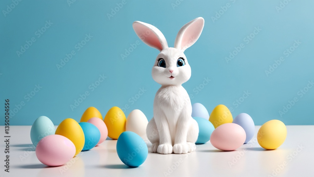Obraz premium A white rabbit sitting in front of a group of colorful eggs.