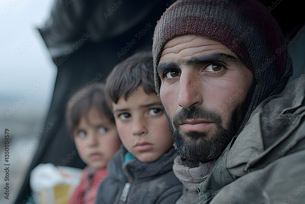 Bearded man in worn hood sits with his children,their faces marked by exhaustion and uncertainty,concept of refugee struggle and survival,families displaced by conflict,hope amid hardship,displacement Bearded man in worn hood sits with his children,their faces marked by exhaustion and uncertainty,concept of refugee struggle and survival,families displaced by conflict,hope amid hardship,displacement