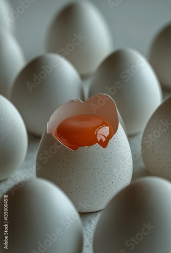 Freshly Cracked Egg Surrounded by Unbroken Eggs on a Light Surface at a Kitch...