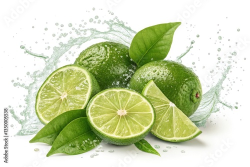 Fresh Limes With Splashes of Water and Green Leaves Generative AI