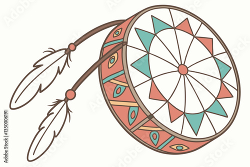1 Watercolor painting, Native American drum, circular frame drum, colorful geometric patterns, turquoise and coral tassels, hand-painted design, soft pastel hues, traditional indigenous instrument, de