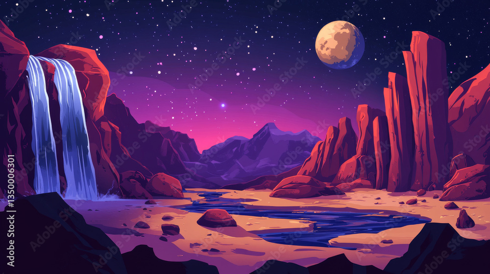 Fototapeta premium Alien planet with waterfall and desert river. Vector cartoon illustration of sandy landscape, water flowing from rocky mountain against night sky with moon and stars. Cosmic game background design