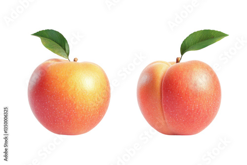 A tempting pair of peaches glistening with morning dew promising juicy sweetness against a stark black backdrop showcasing crisp detailing photo