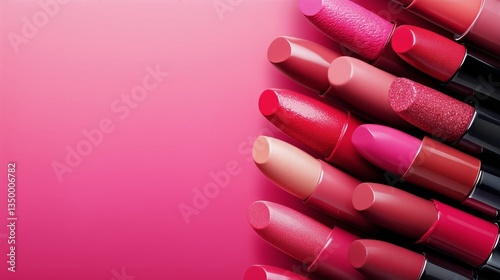 Colorful Array of Lipsticks Arranged Neatly on a Pink Background for a Vibran...