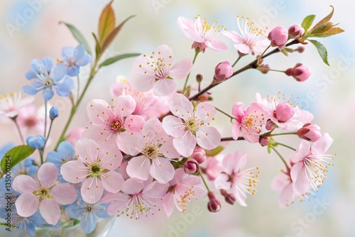 Spring Blossoms Featuring Pink and Blue Flowers in Bloom Generative AI