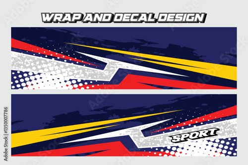 Sport car wrap decal design and vehicle livery background navy blue  in yellow and red color Vector template EPS 10