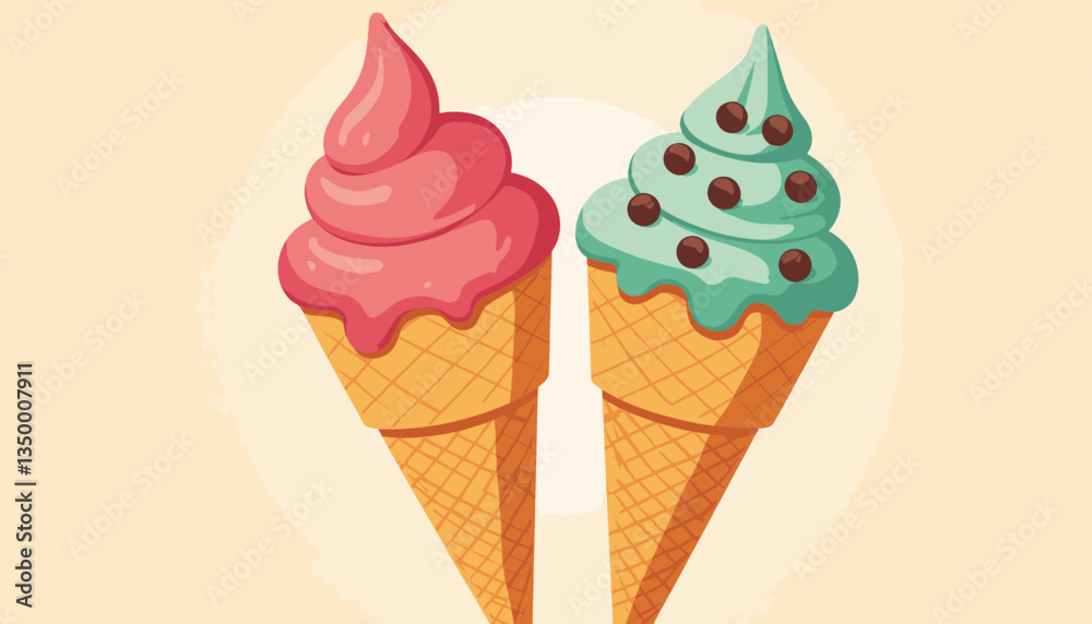 Ice cream cones in pink and mint colors against a light background Ice cream cones in pink and mint colors against a light background