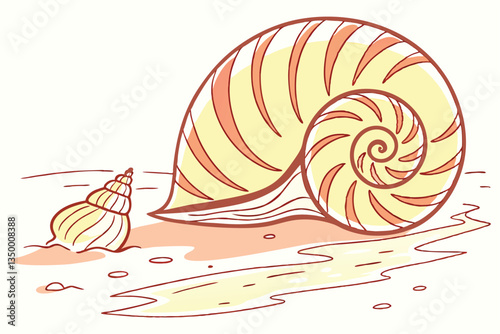 2 Seashell, spiral shell, conch, watercolor painting, soft colors, pastel tones, orange and yellow hues, reflective surface, minimalist background, delicate details, beach theme, coastal art, serene a