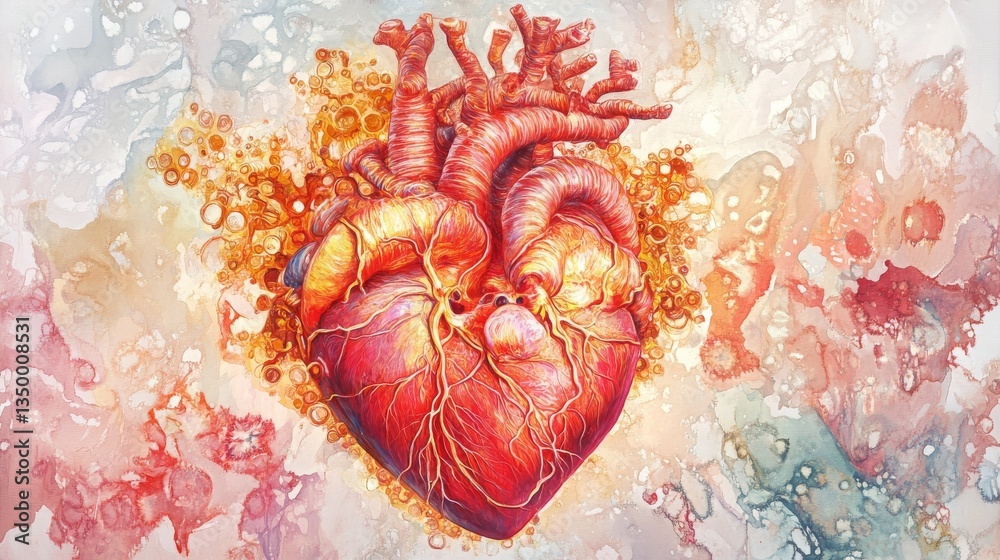 Naklejka premium Red anatomical heart of intricate gold chrome steampunk glowing coral crystal 