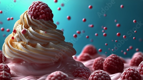 Soft Serve Ice Cream With Fresh Raspberries and Colorful Sprinkles on a Blue ...