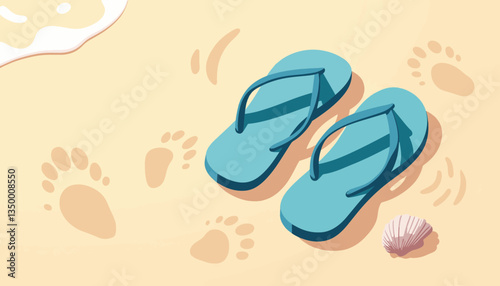 Beach flip-flops resting on sandy shore with footprints and shell  