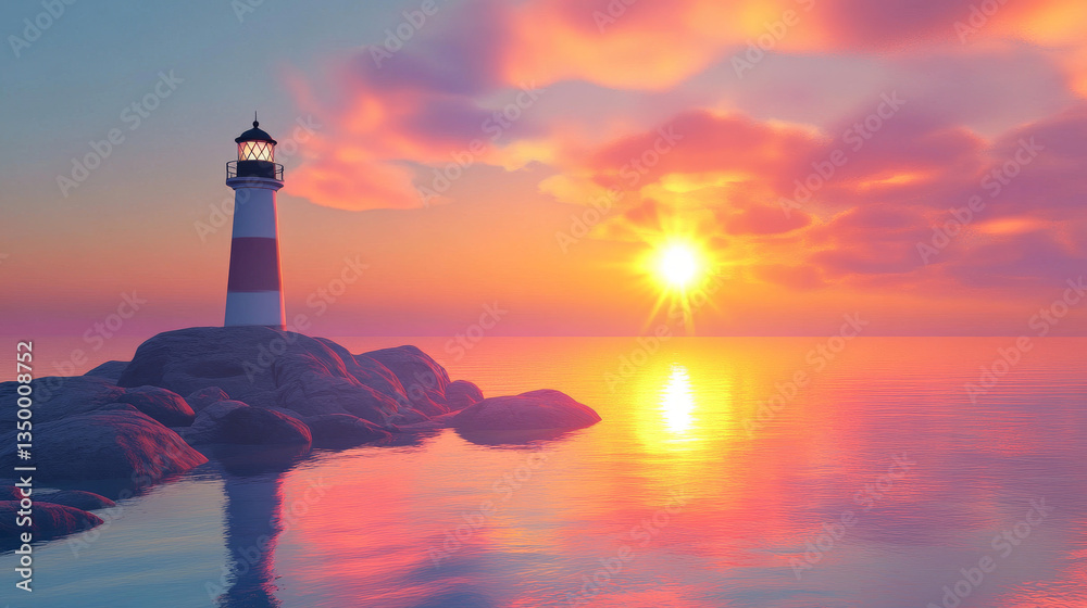 Fototapeta premium Old lighthouse against sunset background. Vector cartoon illustration of sea beacon building on rocky island shore, sun going down on horizon, dawn sky reflection on tranquil water surface, seascape