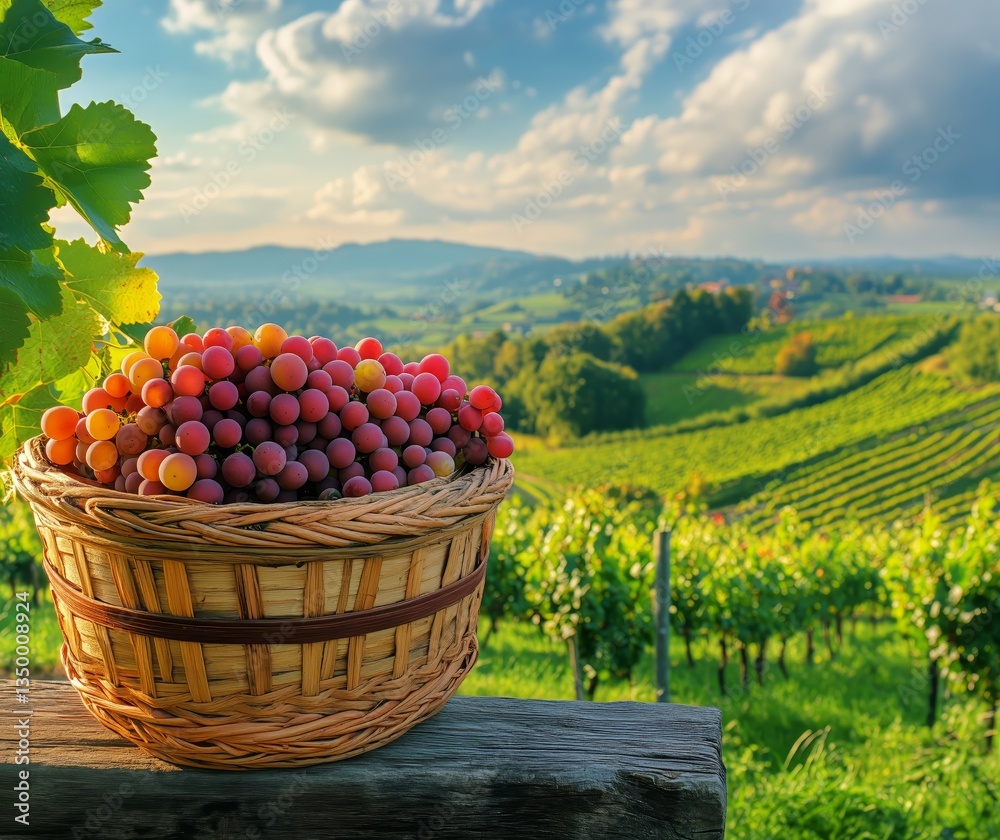 Fototapeta premium Freshly Harvested Grapes in a Rustic Basket Against a Scenic Vineyard Backdrop