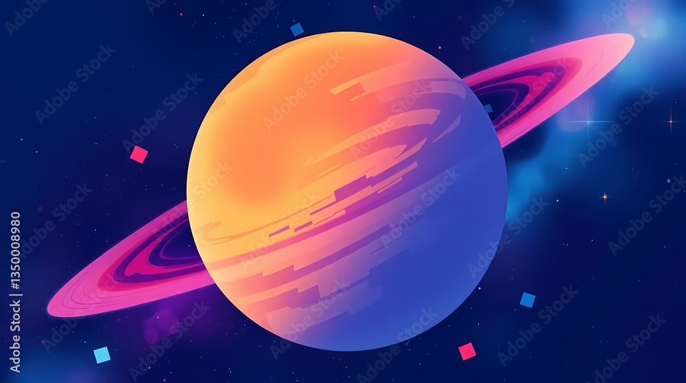 Fototapeta premium Celestial Orbit: A vibrant illustration of a colorful planet encircled by its characteristic rings, set against a backdrop of a star-studded night sky. 
