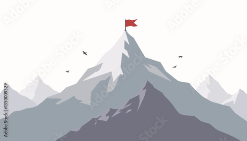 Mountain Peak with Flag Against Minimalistic Background  