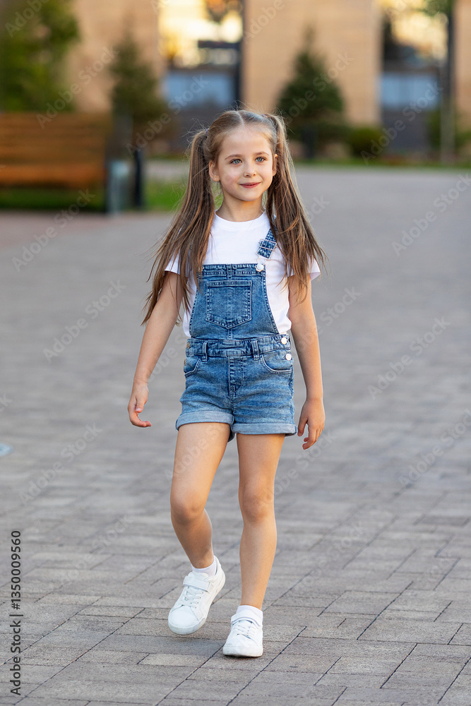 Fototapeta premium Smiling little girl is having fun walking down the street. Urban lifestyle concept. City background.