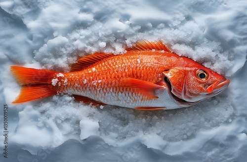 Fresh Orange Fish Resting on a Bed of Ice for Seafood Presentation