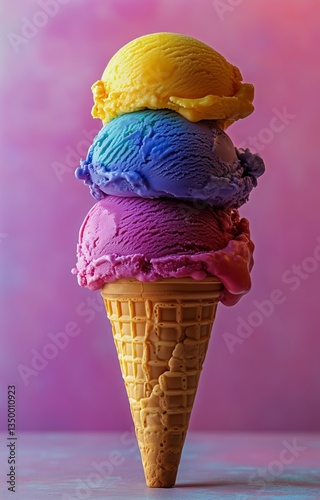 Delicious Three-Scoop Ice Cream Cone Showcasing Vibrant Flavors in a Colorful...