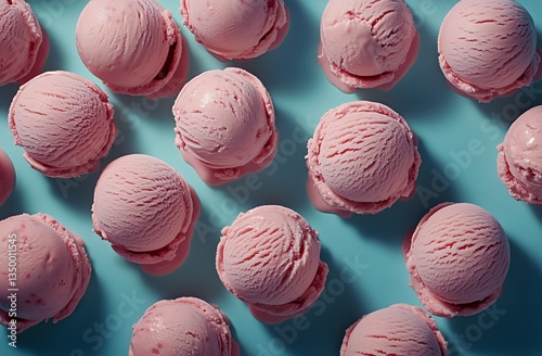 Colorful Pink Ice Cream Scoops Arranged on a Light Blue Surface in an Invitin...