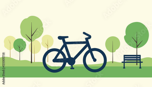 Bicycle in a park with trees and a bench  