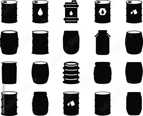 Barrel oil drum icon in flat style set. isolated on transparent background