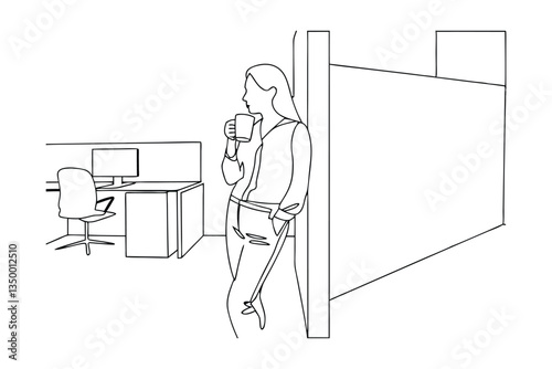 Office Worker Coffee Break Cubicle Minimalist Line Drawing Illustration