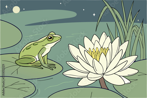 4 Green tree frog, white lotus flower, lily pad, realistic watercolor illustration, detailed nature scene, vibrant colors, botanical art, amphibian study, serene pond setting, wildlife illustration, m