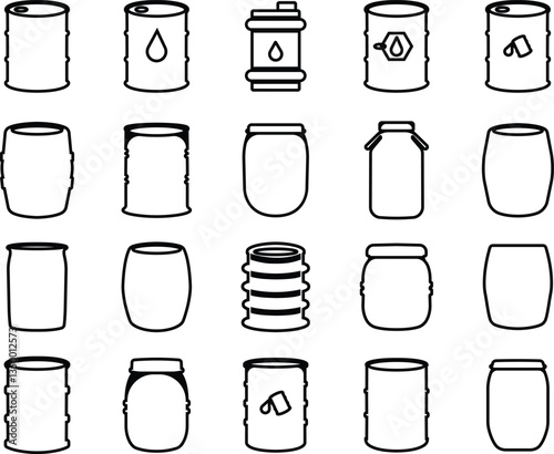 Barrel oil drum icon in line style set. isolated on transparent background