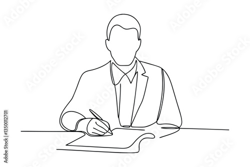 Businessman signing document, one line drawing, contract agreement, legal, office, work, professional