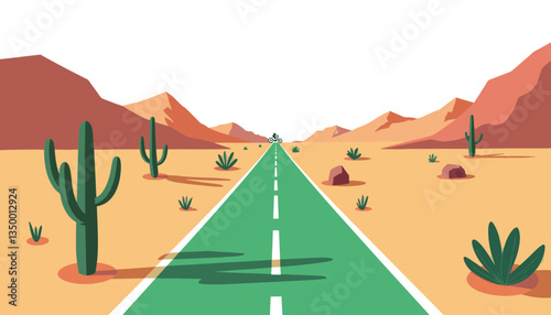 Desert road with cacti leading into the horizon in a flat style  