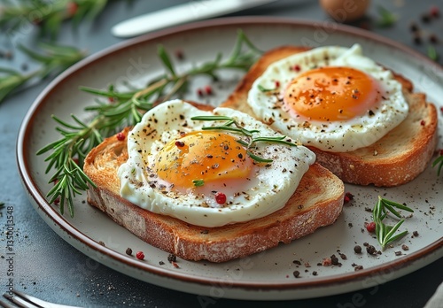 Delicious Fried Eggs Served on Toasted Bread With Fresh Herbs and Spices