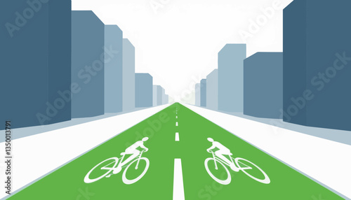 Urban bike lane with cyclists on a green pathway against cityscape  