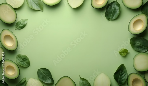 Fresh Avocados Arranged Artistically on a Green Background for Healthy Food P...