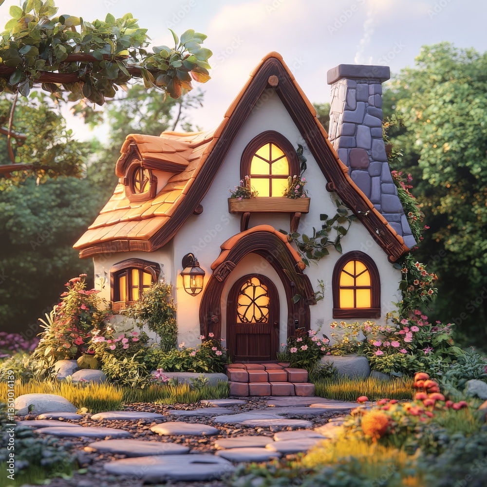 Fototapeta premium Charming Cottagecore Dream: A whimsical cottage nestled amidst lush greenery, bathed in the warm glow of sunset light, inviting you into a storybook world.