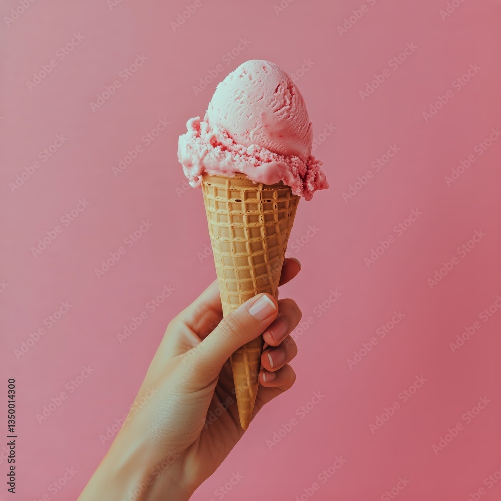 Delicious Ice Cream Cone Held by Hand Against a Vibrant Pink Background in Bright Lighting
