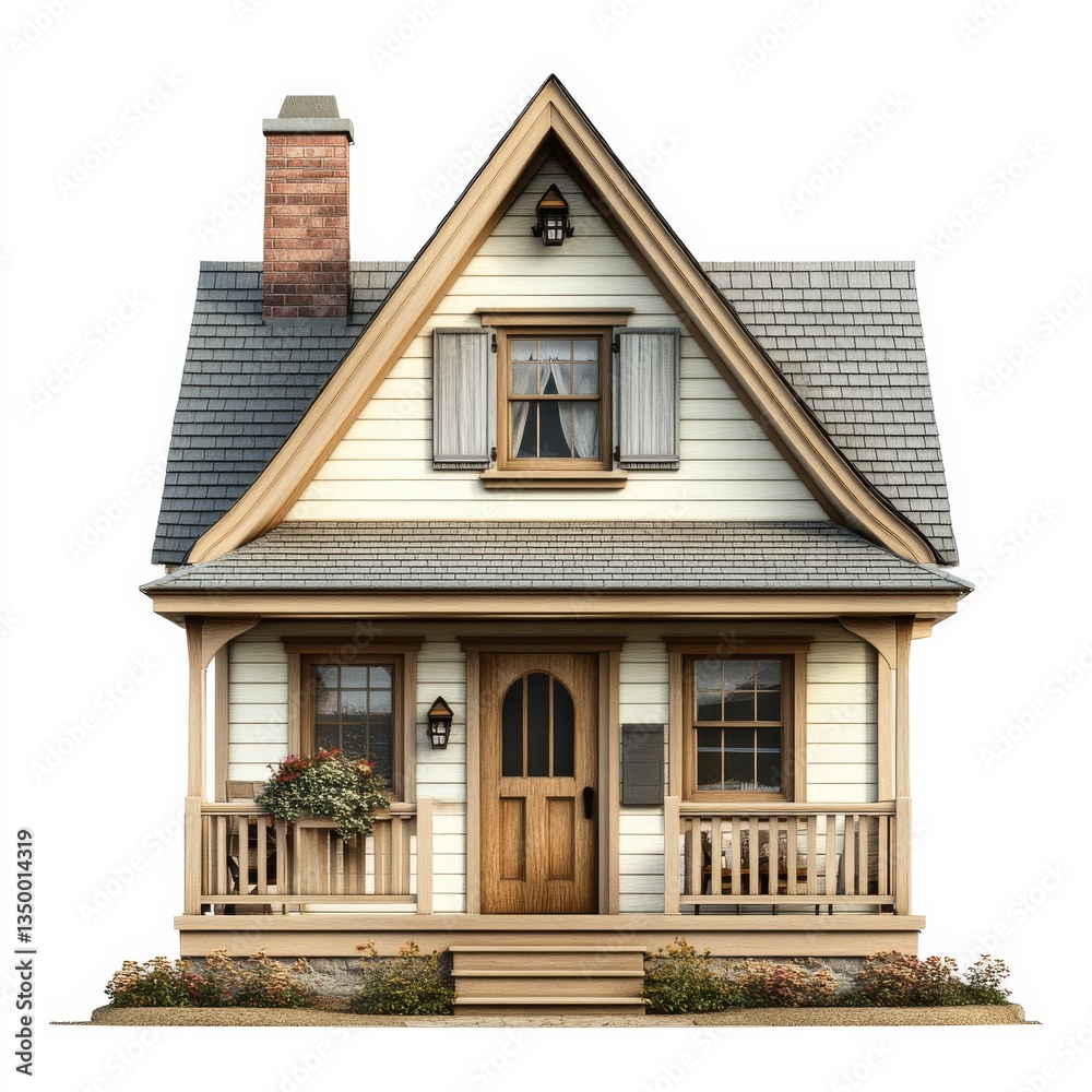 Fototapeta premium Charming Cottage with Gable Roof: A Quaint Home Featuring a Cozy Porch and Lush Garden in a Serene Setting 