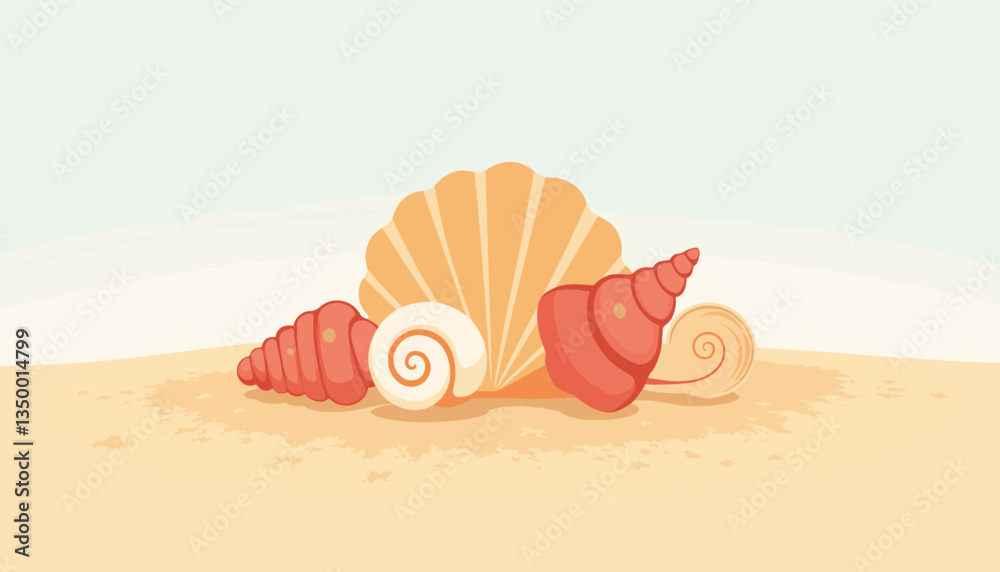 Colorful seashells arranged on sandy beach background