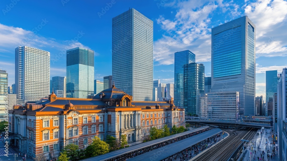 Naklejka premium Tokyo Station: Iconic Landmark in Marunouchi District, Showcasing Architectural Elegance and Bustling City Life