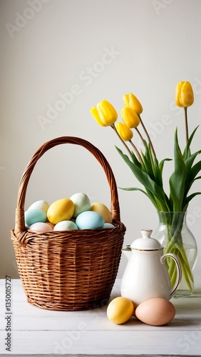 A wicker basket filled with colored eggs next to a vase of yellow tulips.