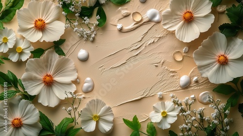 Elegant Arrangement of White Flowers and Natural Elements on a Textured Surface