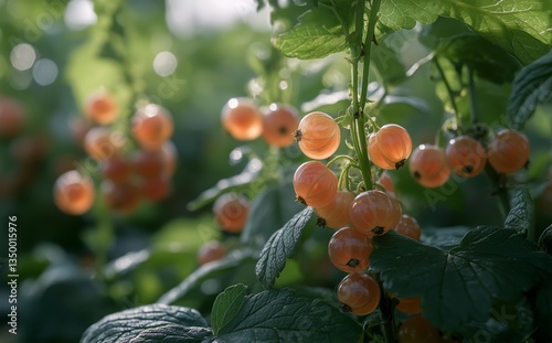 Bright Red Currants Hanging From Lush Green Leaves in a Sunlit Garden