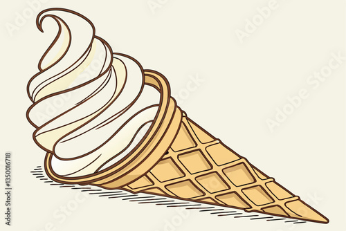 6 Creamy soft serve ice cream, golden waffle cone cup, swirled peaks, vanilla dessert, crispy texture, smooth and fluffy, single serving, white on beige, studio lighting, high resolution, product phot