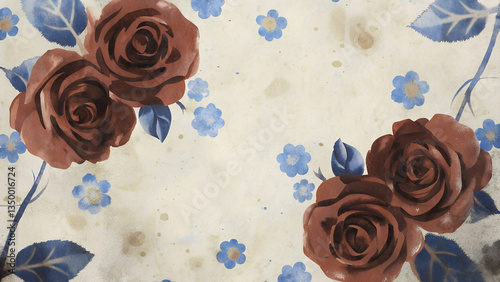Vintage floral pattern with brown roses and blue flowers on a textured background