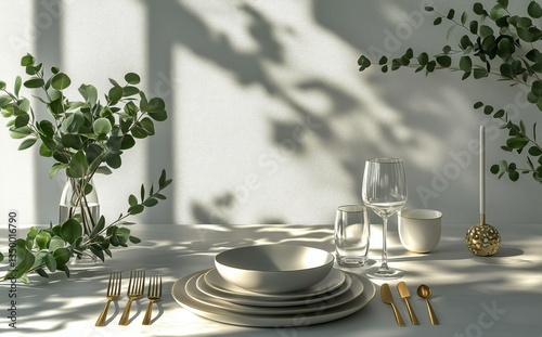 Elegant Dining Table Setting With Nature-Inspired Decor in Soft Lighting